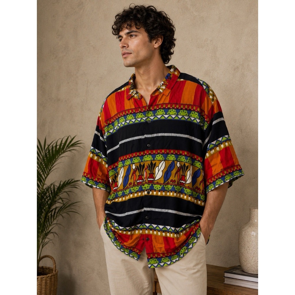 Vintage International Max Rayon Shirt Mens XL Tribal Aztec Button Up 90s -3696